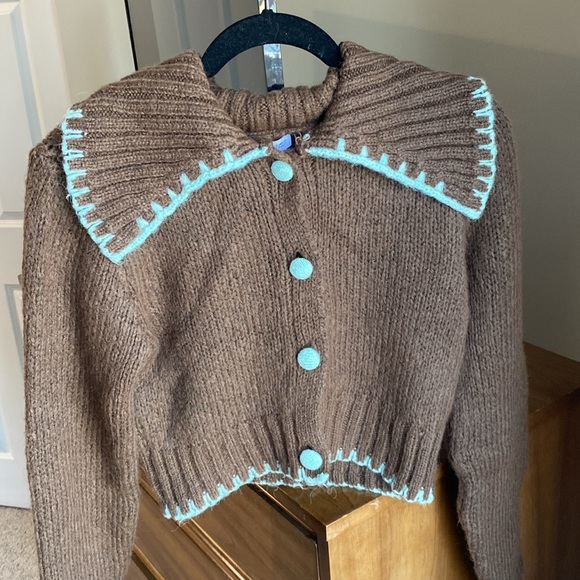 Zara Brown Top Stitch Cropped Sweater Small - Picture 8 of 9